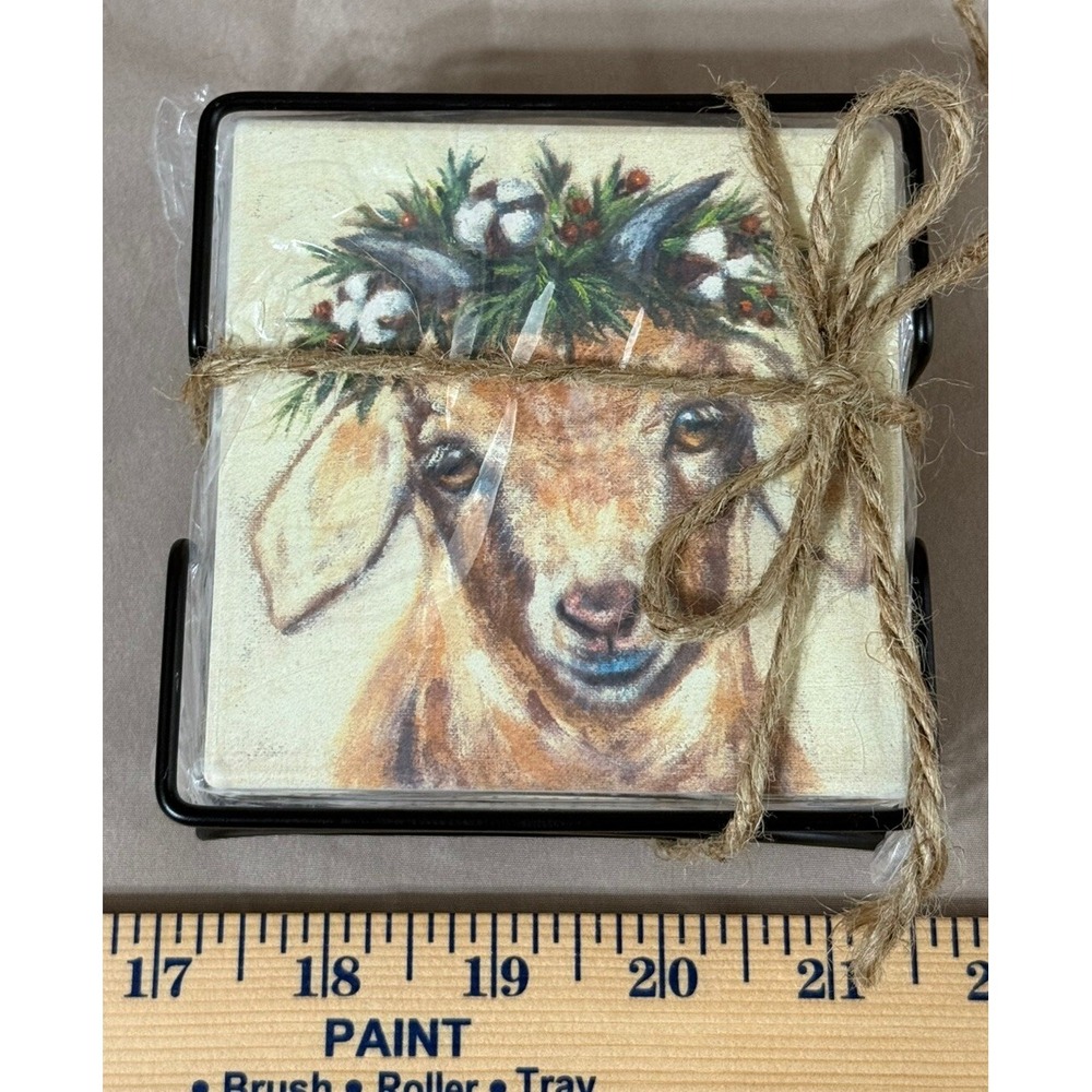 New Absorbent Farm Animal Stone Coaster‎ Set Of 4 With Holder